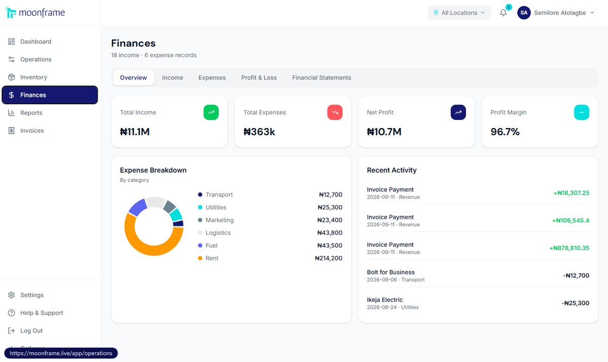 Moonframe finances overview with income, expenses and profit margin