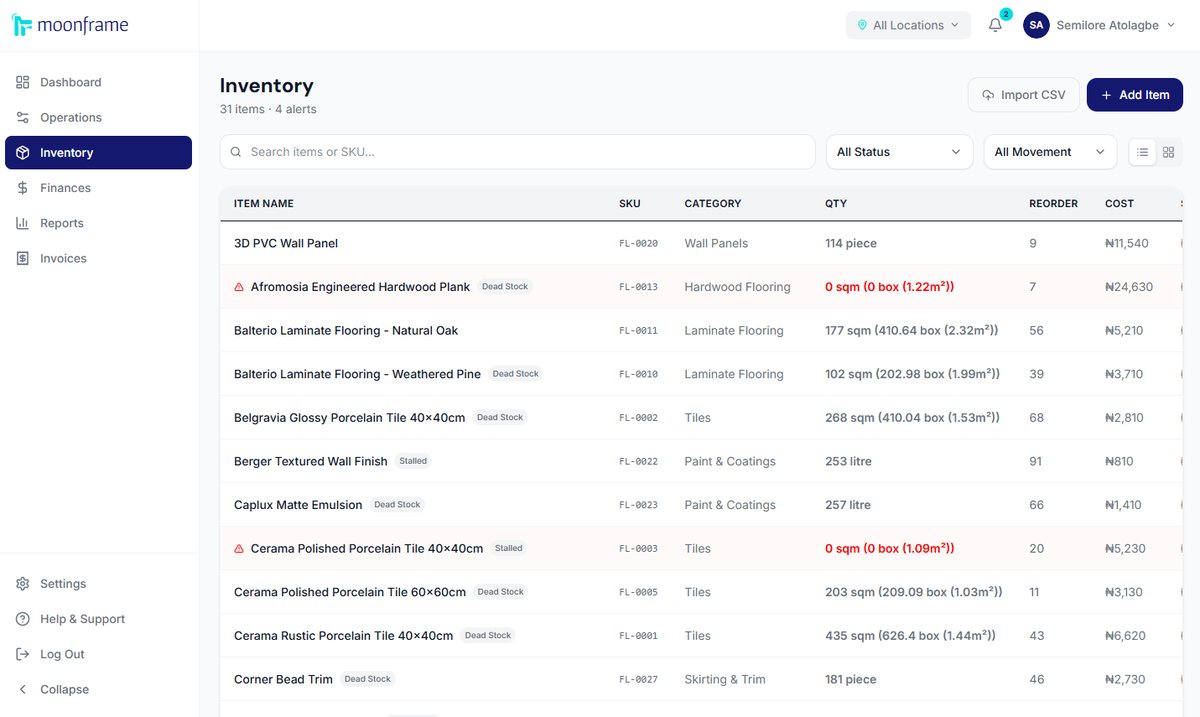 Moonframe inventory list with pack to unit conversions and dead stock flags