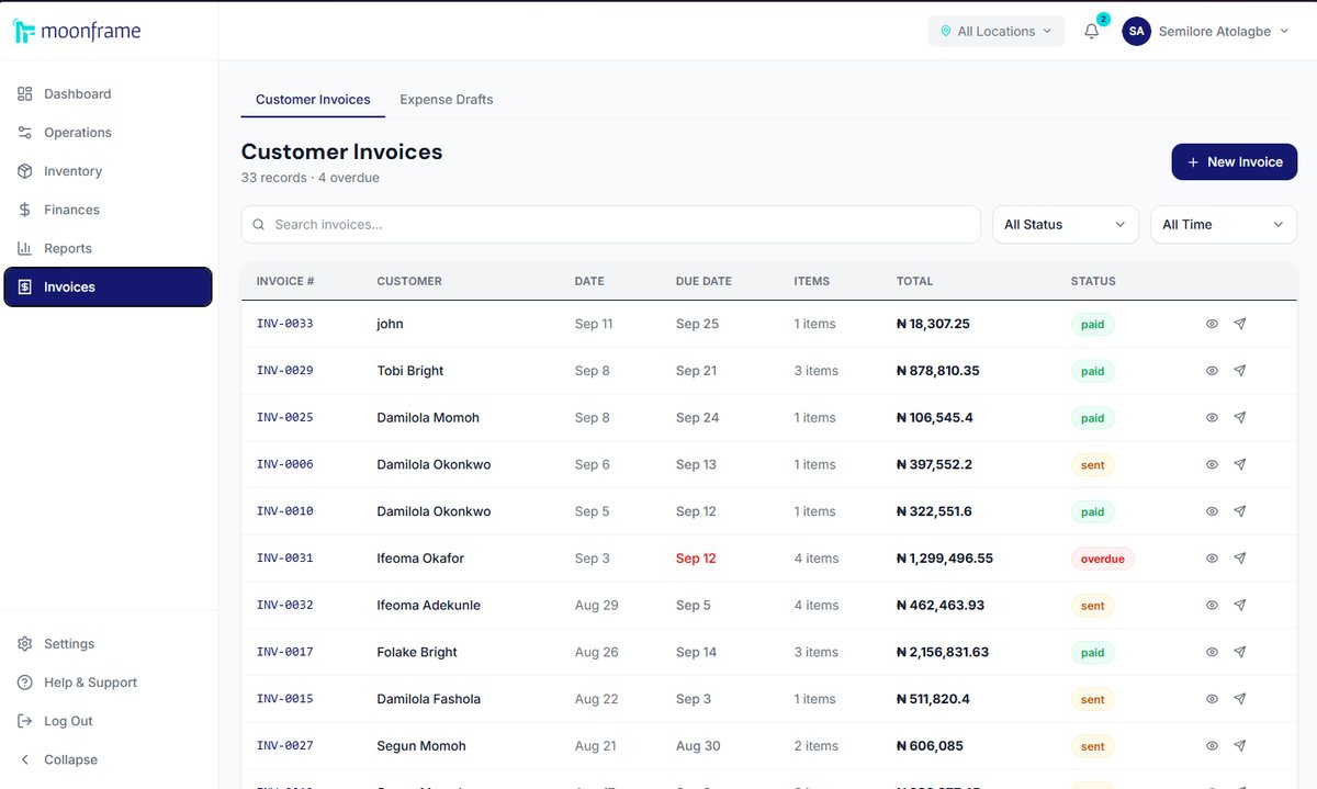 Moonframe customer invoices list