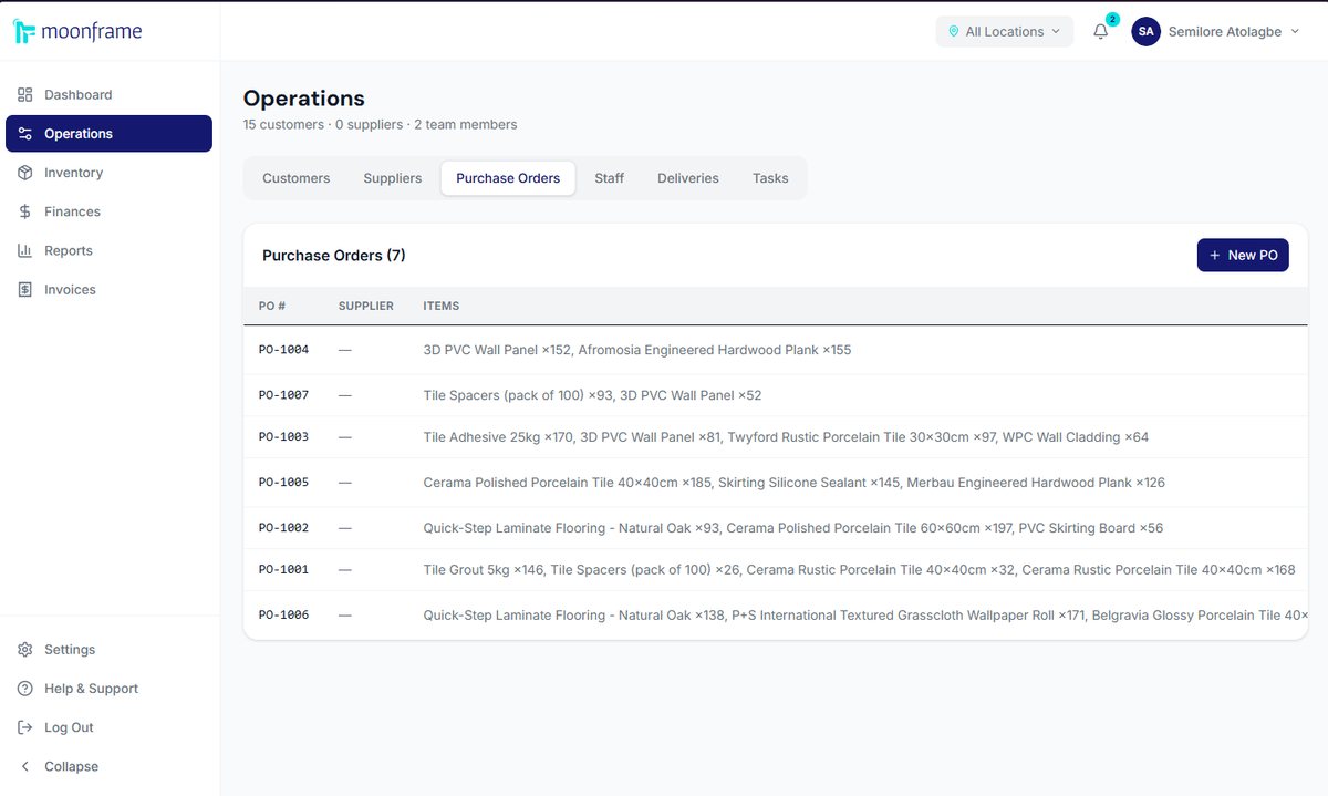 Moonframe operations purchase orders board