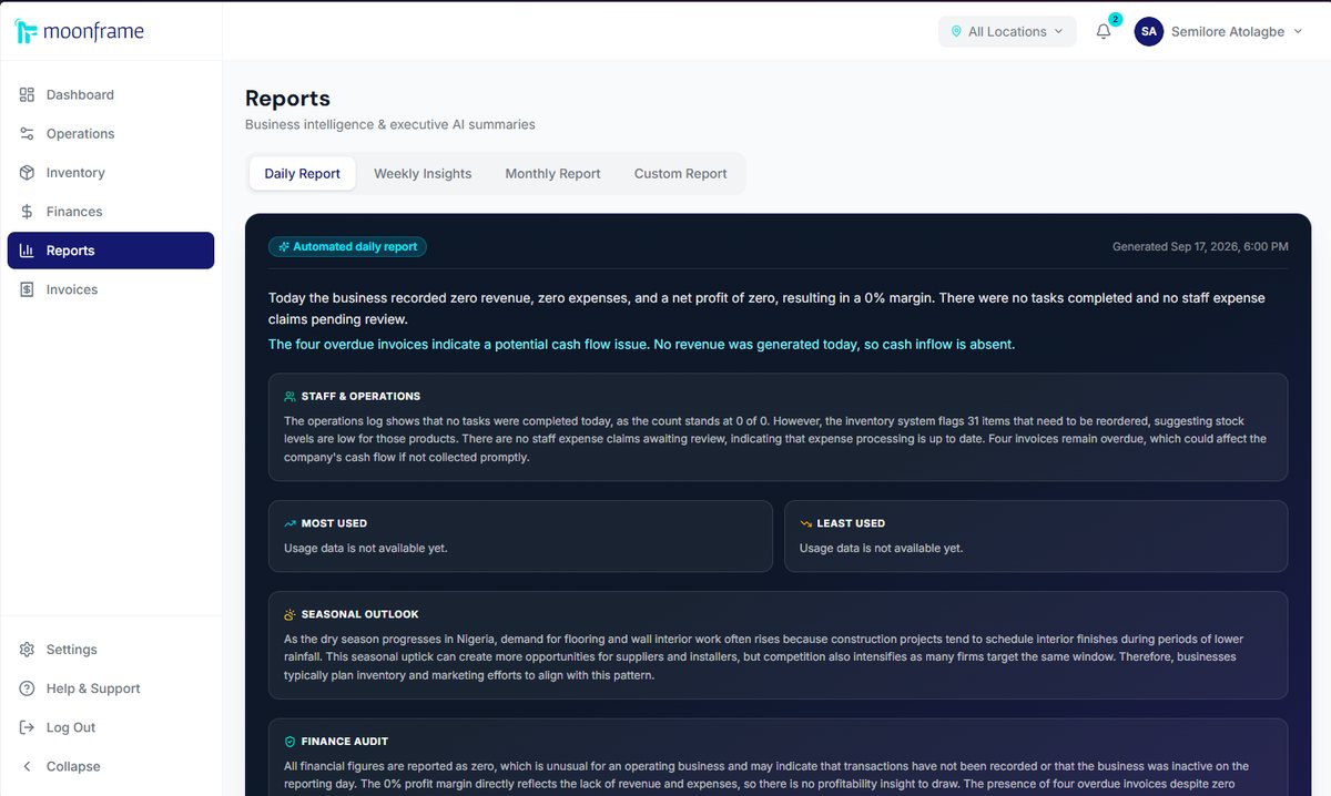 Moonframe reports screen with an automated daily summary